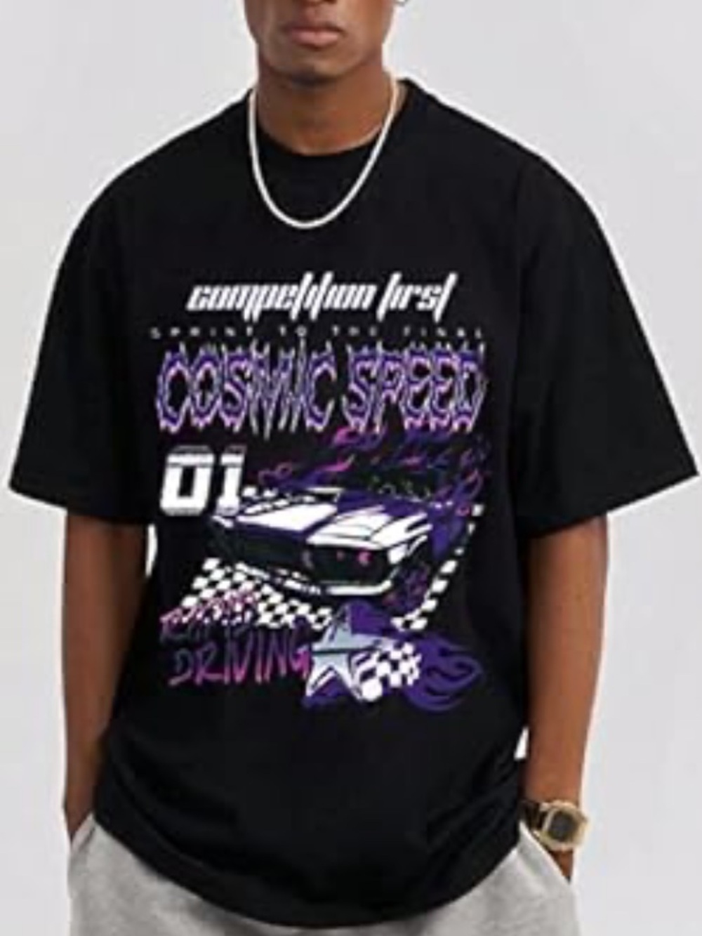 ROMWE Black Tee with Purple and Pink Racing Graphic
